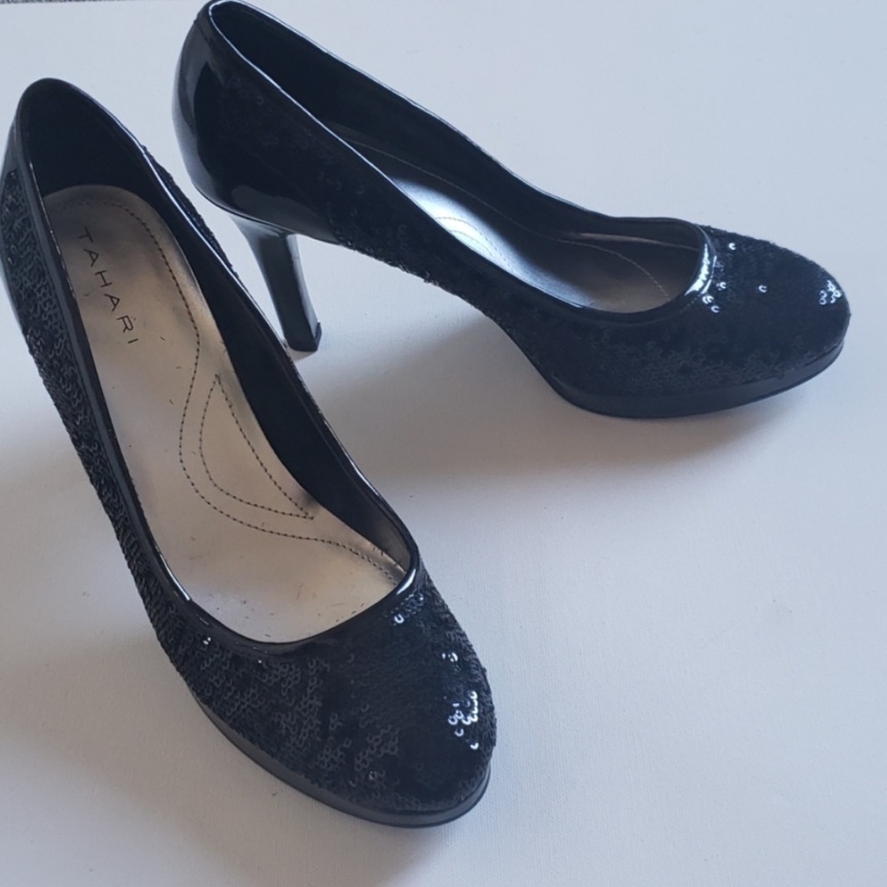 Tahari Black Sequin Cheryl Platform Heels - Picture 9 of 12
